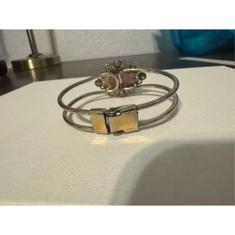Vintage oval cats eye brass art deco statement cuff bracelet